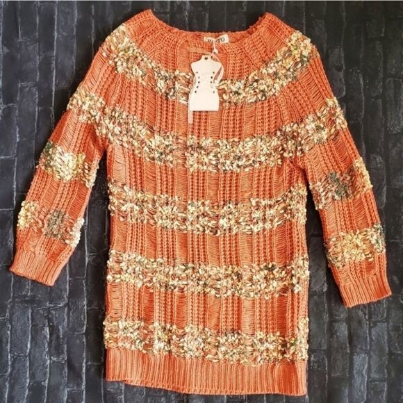 🔹️🔺️NWT Prato Coral & Cream Loose Knit 3/4 Sleeve Loose Knit Sweater Medium - Picture 2 of 12